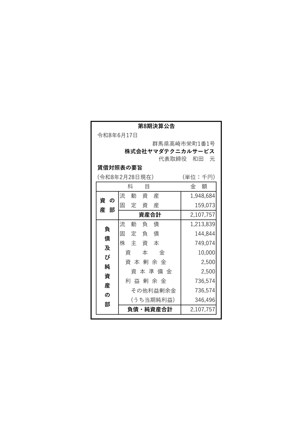 第8期決算公告｜ヤマダテクニカルサービス｜YAMADA Technical Service